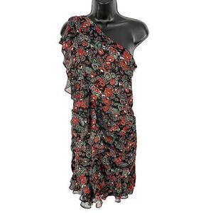 Veronica Beard Ballard Silk One‎ Shoulder Floral Ruffle Dress Black Red Size 2